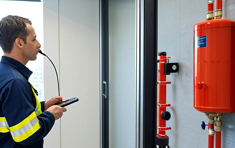**
* A fire safety technician inspecting a sprinkler system in a modern office building (perhaps La Défense). Focus on the technician's detailed and careful approach. Emphasize technology and equipment.
**