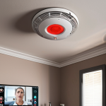 **

A modern, interconnected fire detection system in a French home. Show a sleek smoke detector on the ceiling with a subtle digital display. In the background, a smartphone displays an alert from the system, and a connected sprinkler system is discreetly visible. The scene should convey a sense of safety and technological advancement.

**