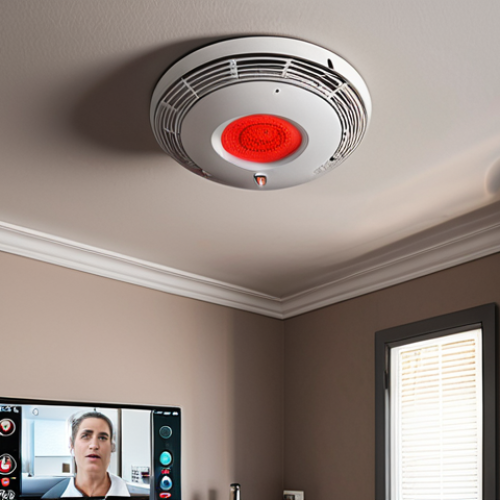 Home 6 **
A modern, interconnected fire detection system in a French home. Show a sleek smoke detector on the ceiling with a subtle digital display. In the background, a smartphone displays an alert from the system, and a connected sprinkler system is discreetly visible. The scene should convey a sense of safety and technological advancement.
**