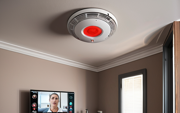 **
A modern, interconnected fire detection system in a French home. Show a sleek smoke detector on the ceiling with a subtle digital display. In the background, a smartphone displays an alert from the system, and a connected sprinkler system is discreetly visible. The scene should convey a sense of safety and technological advancement.
**