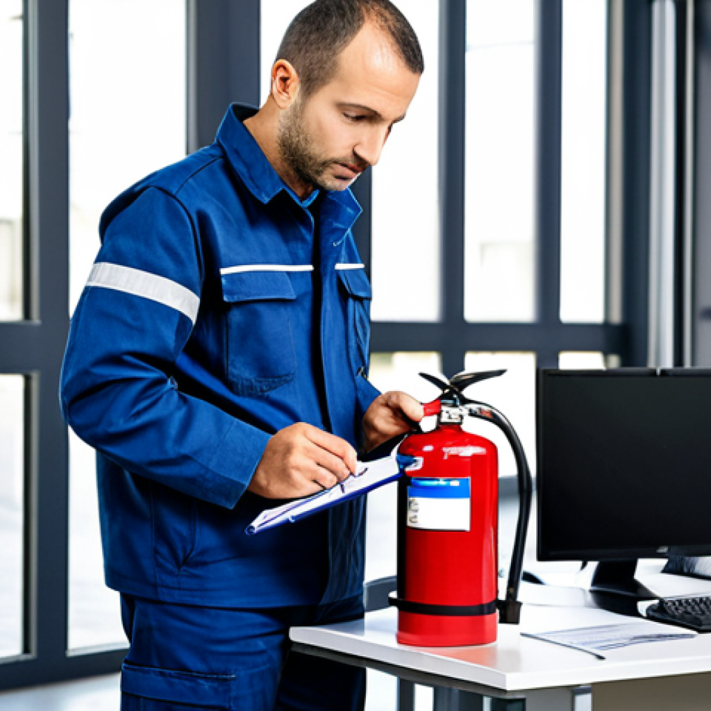 A technician inspecting a fire extinguisher.**

A French fire safety technician in appropriate work attire, meticulously inspecting a red fire extinguisher in a commercial building in Paris, France. He's holding a clipboard and checklist, ensuring all components are functioning correctly. Background: a modern office space. Perfect anatomy, correct proportions, well-formed hands, proper finger count. Safe for work, appropriate content, fully clothed, professional. High quality, realistic rendering.

**