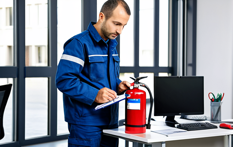 A technician inspecting a fire extinguisher.**

A French fire safety technician in appropriate work attire, meticulously inspecting a red fire extinguisher in a commercial building in Paris, France. He's holding a clipboard and checklist, ensuring all components are functioning correctly. Background: a modern office space. Perfect anatomy, correct proportions, well-formed hands, proper finger count. Safe for work, appropriate content, fully clothed, professional. High quality, realistic rendering.

**