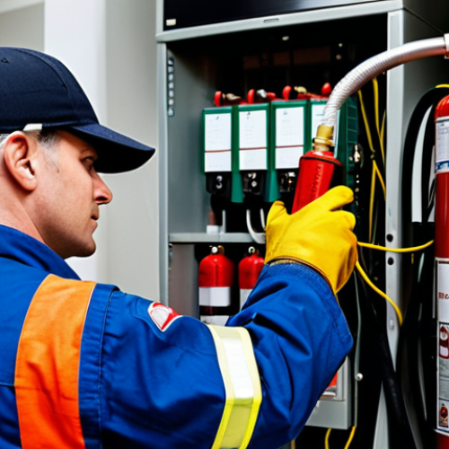 **

"A fully clothed fire safety technician in appropriate attire, conducting maintenance on a fire suppression system in a commercial building. The background includes visible pipes and safety equipment. Professional photo, safe for work, perfect anatomy, correct proportions, modest clothing, professional environment, well-formed hands, proper finger count, natural body proportions, family-friendly, appropriate content."

**
