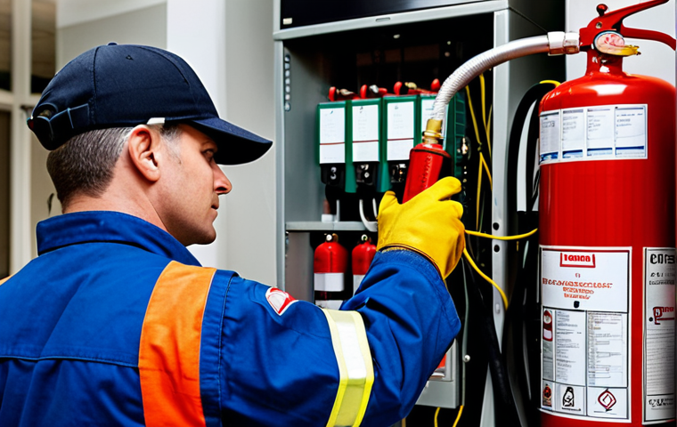 **

"A fully clothed fire safety technician in appropriate attire, conducting maintenance on a fire suppression system in a commercial building. The background includes visible pipes and safety equipment. Professional photo, safe for work, perfect anatomy, correct proportions, modest clothing, professional environment, well-formed hands, proper finger count, natural body proportions, family-friendly, appropriate content."

**