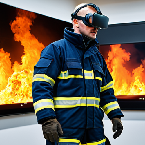 Training Simulation**

"A fire safety technician, fully clothed in appropriate protective gear, participating in a realistic virtual reality training simulation of a building fire, modern technology, multiple screens showing data, safe for work, appropriate content, family-friendly, perfect anatomy, correct proportions, well-formed hands, professional training environment."

**