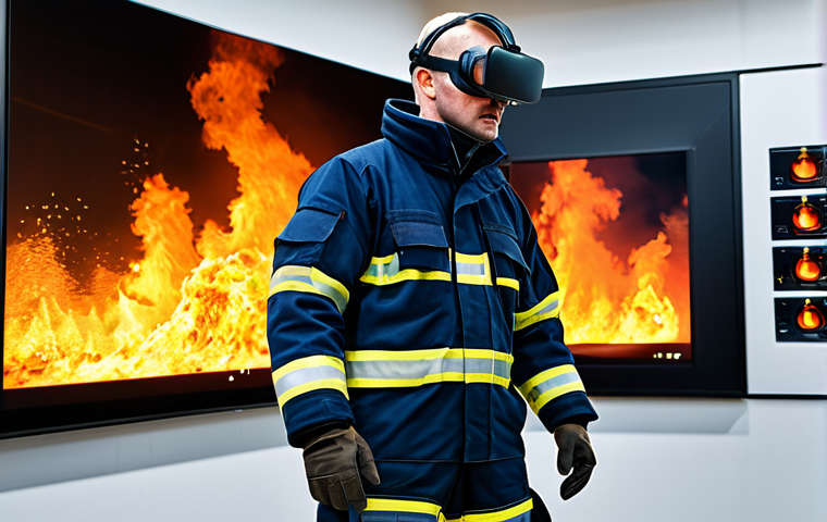 Training Simulation**

"A fire safety technician, fully clothed in appropriate protective gear, participating in a realistic virtual reality training simulation of a building fire, modern technology, multiple screens showing data, safe for work, appropriate content, family-friendly, perfect anatomy, correct proportions, well-formed hands, professional training environment."

**