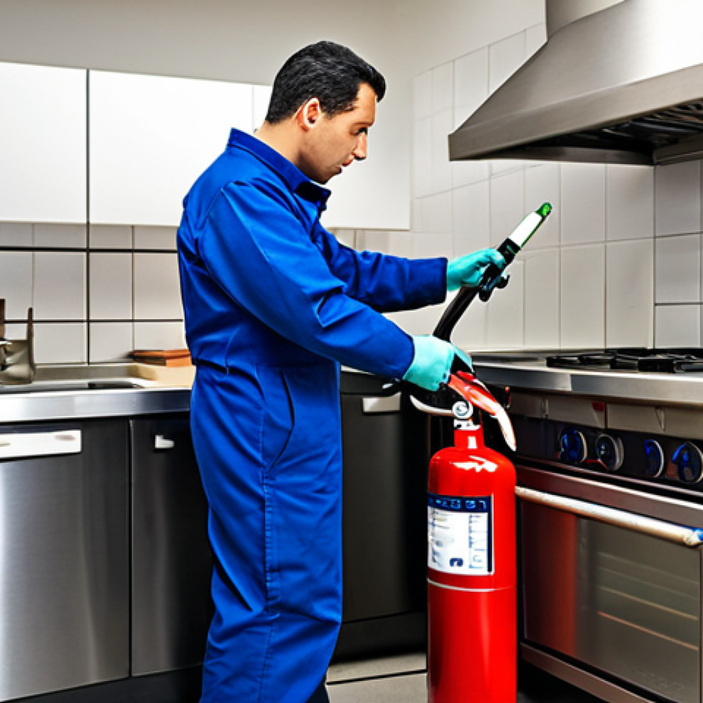Fire Extinguisher Inspection**

"A fire safety technician in appropriate work attire, inspecting a fire extinguisher in a commercial kitchen, fully clothed, checking pressure gauge, safe for work, professional inspection, perfect anatomy, correct proportions, well-lit environment, appropriate content, family-friendly, high-quality rendering."

**