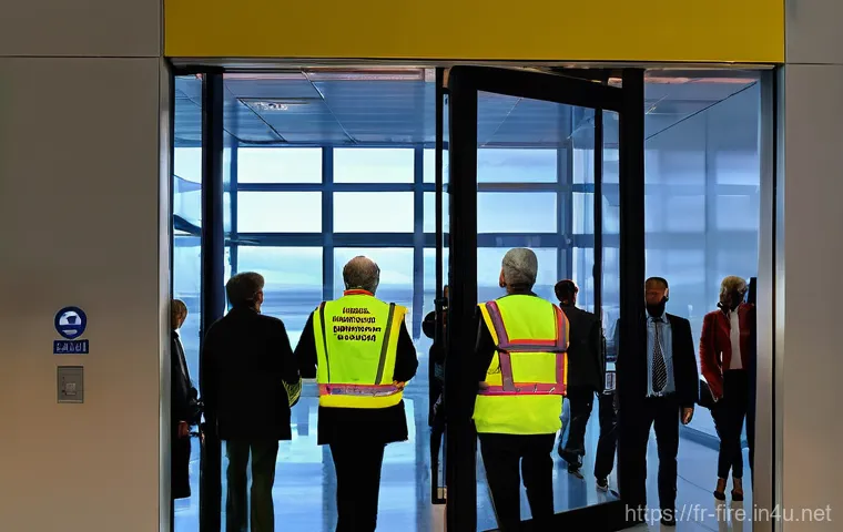 화재안전관리 기출문제 해설 및 풀이 - **Prompt 1: Organized Evacuation Drill in a Modern Public Building**
    "An aerial view of a divers...