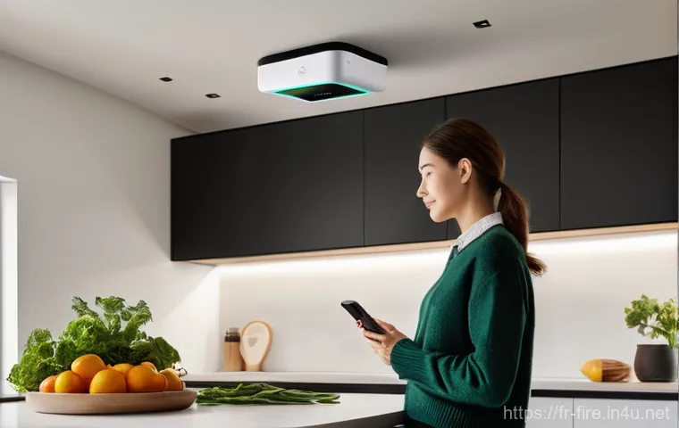 화재안전관리 실무와 관련된 최신 기술 - **Prompt:** A cozy, modern kitchen with warm, natural light. A sleek, minimalist smart smoke detecto...