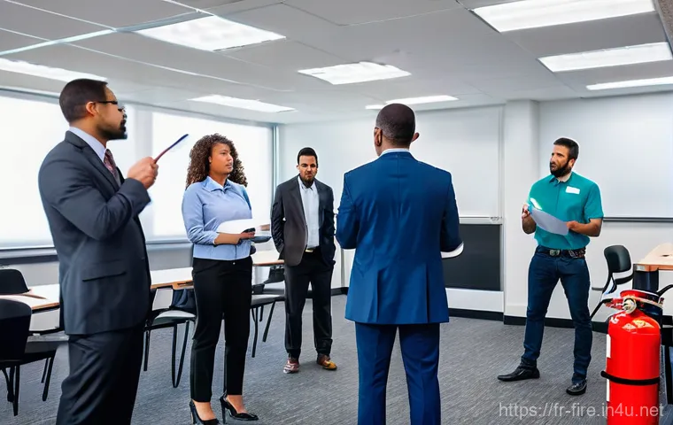 화재안전관리 실무에서의 문제 해결 전략 - A group of diverse adult professionals, including men and women of various ethnicities, in a bright,...
