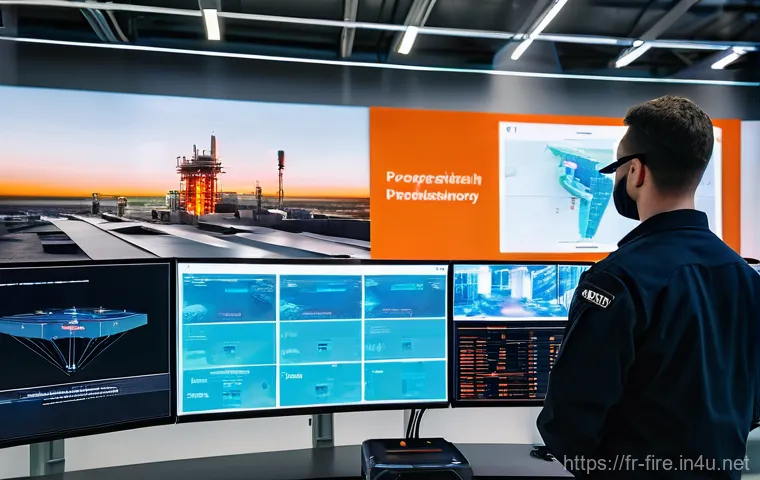 화재안전관리 실무에서의 문제 해결과 성공 사례 - **Prompt 1: Modern Fire Safety Command Center with AI and Drone Integration**
    "A wide shot of a ...