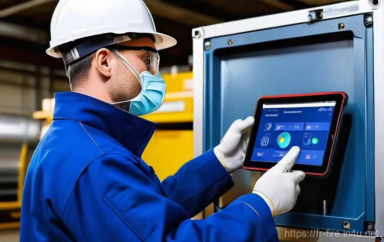 화재안전관리 기술자의 현장 감찰 방법 - **Prompt:** "A highly skilled and focused fire safety technician, dressed in a pristine dark blue pr...