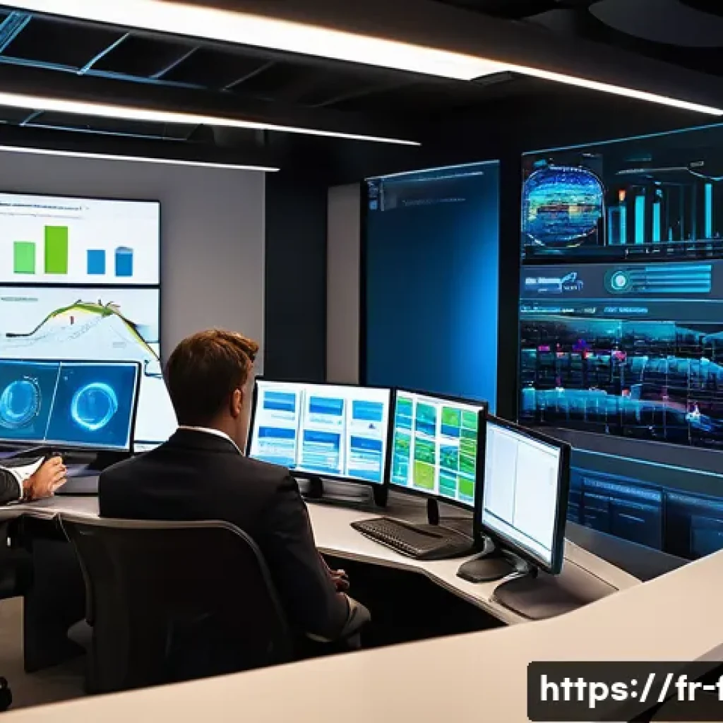 화재안전관리 직무에서의 성과 분석 및 개선 - A sophisticated, high-tech control room within a large, modern French commercial building. Large, in...