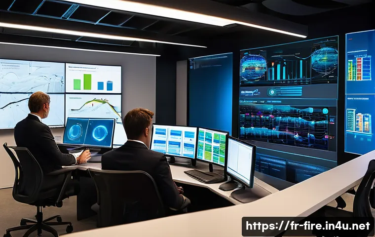 화재안전관리 직무에서의 성과 분석 및 개선 - A sophisticated, high-tech control room within a large, modern French commercial building. Large, in...