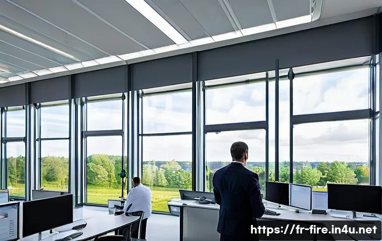 화재안전관리 실무와 디지털 기술 활용 - **Prompt:** A serene and ultra-modern French corporate office building or large logistics warehouse ...