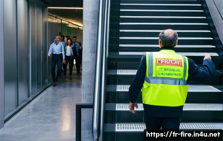 화재안전관리 직무에서의 책임과 의무 - **Prompt: "An organized fire evacuation drill in a bustling Parisian office building. Diverse French...