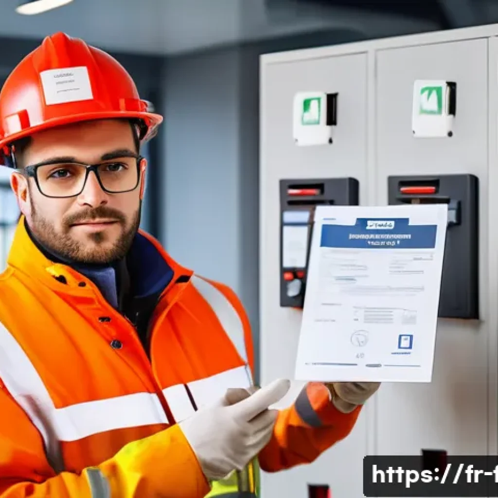 화재안전관리기술자 국가자격과 민간자격 차이 - A professional fire safety technician in a modern French public building, wearing a neat uniform and...