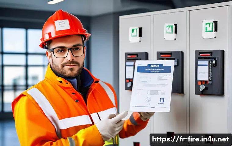 화재안전관리기술자 국가자격과 민간자격 차이 - A professional fire safety technician in a modern French public building, wearing a neat uniform and...