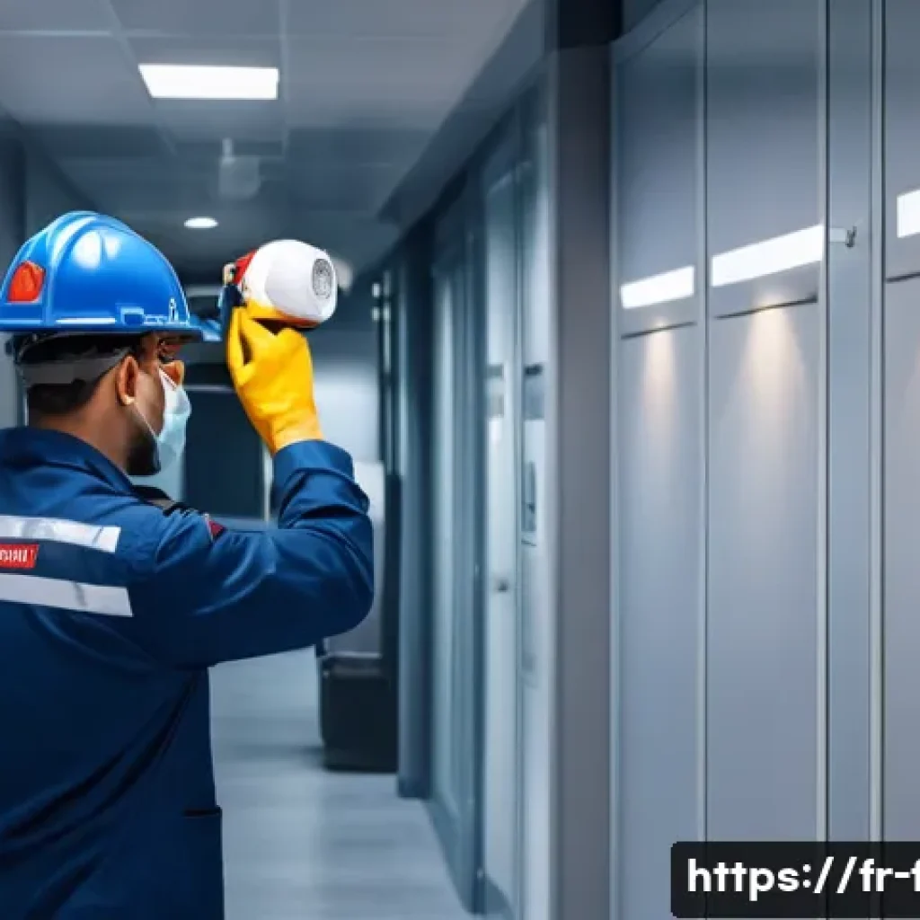 화재안전관리 기술자의 주요 직무 및 책임 분석 - A detailed, realistic depiction of a fire safety technician inspecting automatic smoke detectors ins...