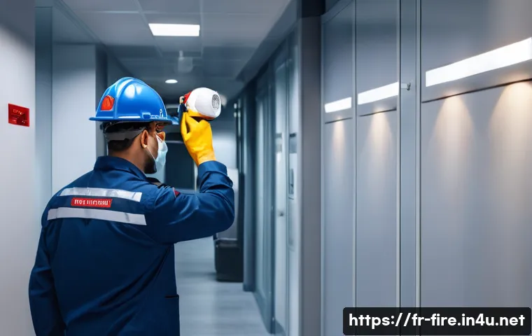 화재안전관리 기술자의 주요 직무 및 책임 분석 - A detailed, realistic depiction of a fire safety technician inspecting automatic smoke detectors ins...