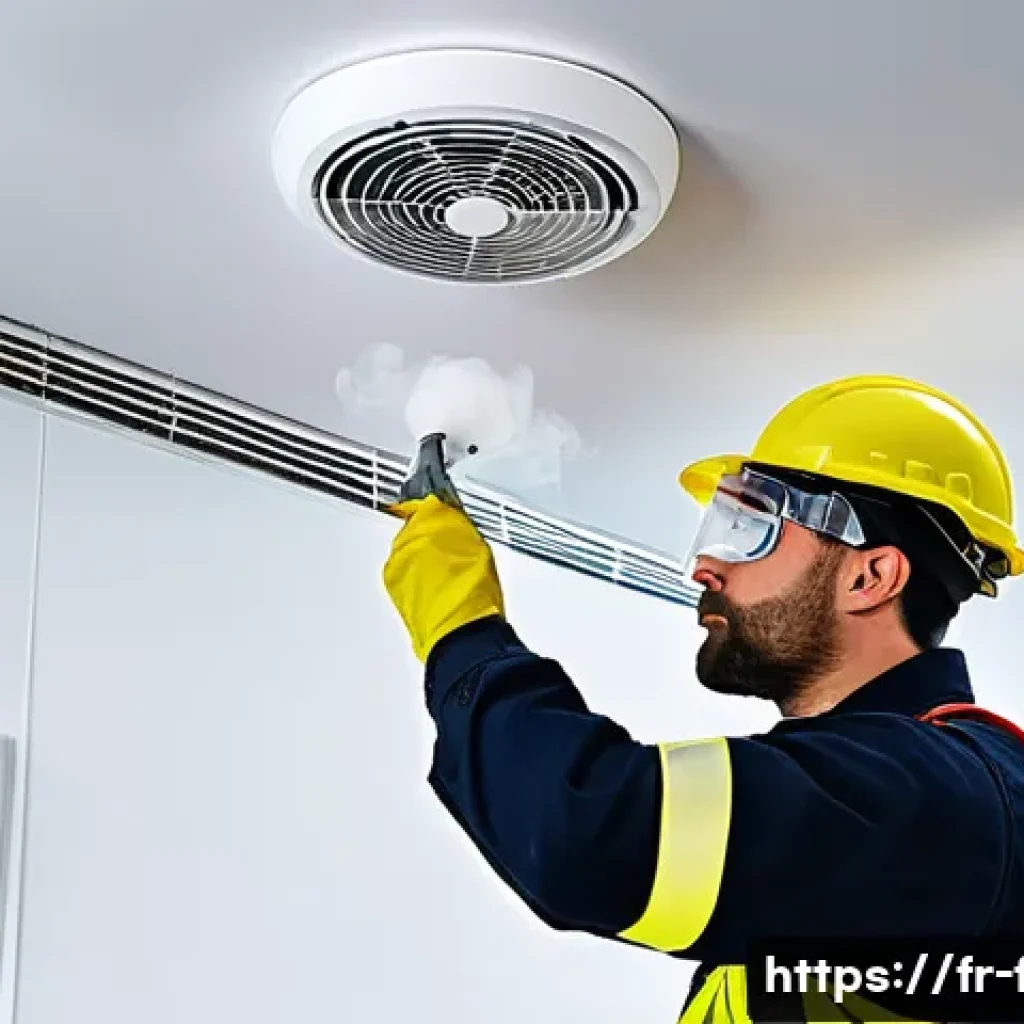 화재안전관리기술자 실습 과정 정리 - A professional fire safety technician in a modern French office building, wearing full personal prot...
