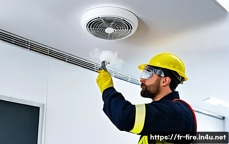 화재안전관리기술자 실습 과정 정리 - A professional fire safety technician in a modern French office building, wearing full personal prot...