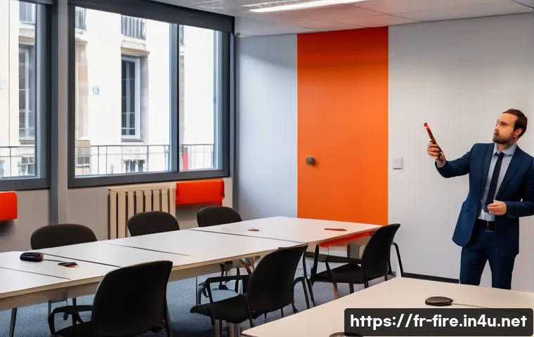 화재안전관리 실무와 관련된 최신 법령 요약 - A detailed, realistic office environment in France with employees participating in a fire safety tra...