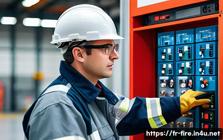 화재안전관리기술자 자격증 취득 후 커리어 설계 - A professional fire safety technician in a modern industrial setting, wearing a neat uniform with sa...