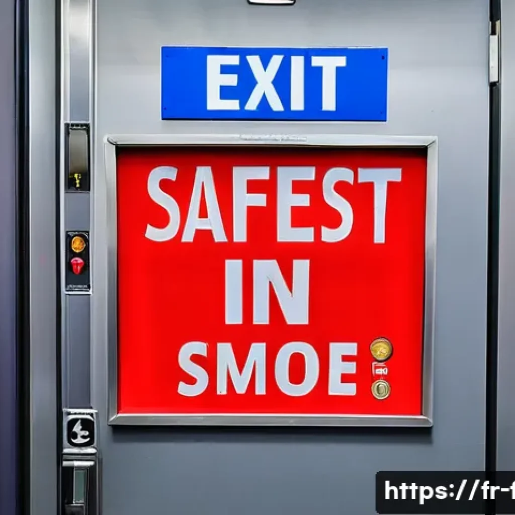 화재안전관리 실무와 관련된 주요 법령 - A modern public building interior in France, featuring clearly marked and illuminated emergency exit...