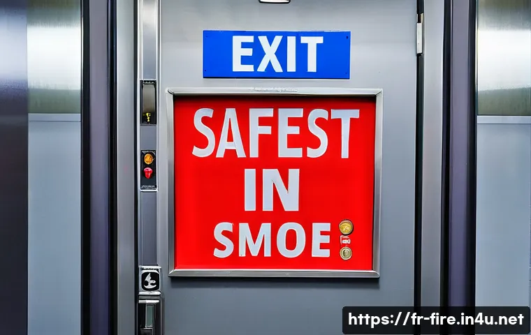 화재안전관리 실무와 관련된 주요 법령 - A modern public building interior in France, featuring clearly marked and illuminated emergency exit...