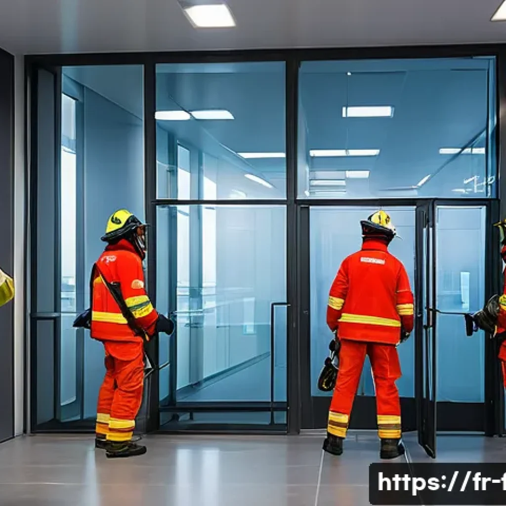 화재안전관리 실기시험 과목별 점수 배점 분석 - A professional firefighter training scenario inside a modern French office building, showing a diver...