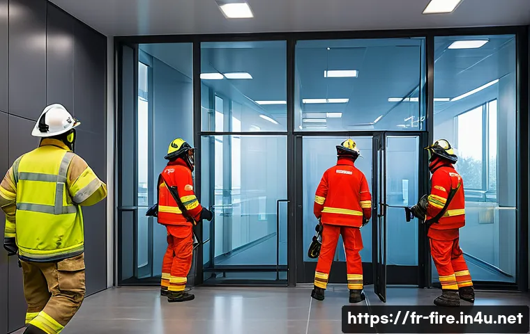 화재안전관리 실기시험 과목별 점수 배점 분석 - A professional firefighter training scenario inside a modern French office building, showing a diver...