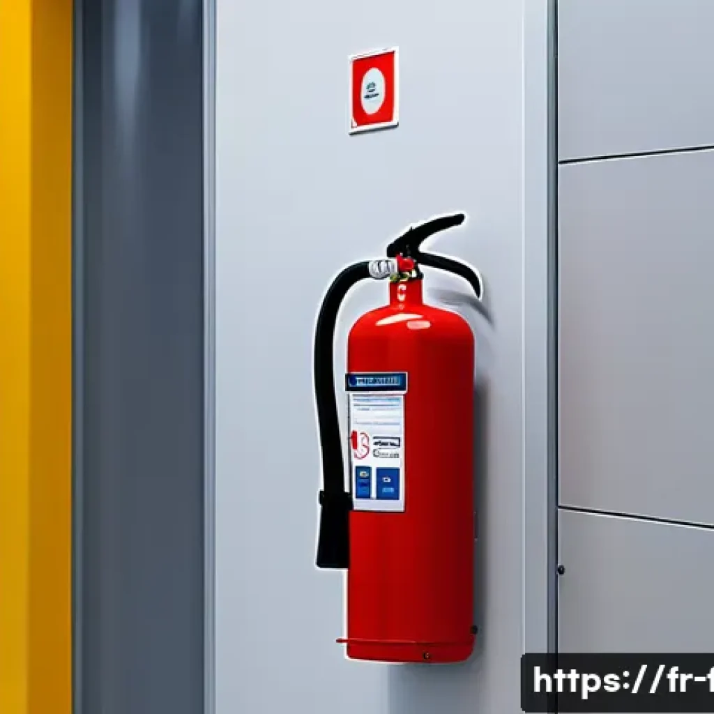 화재안전관리 실무 필수 장비 사용법 - A detailed, realistic scene inside a modern French office building hallway showing a variety of fire...