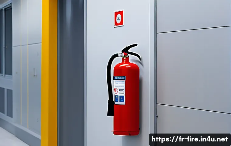 화재안전관리 실무 필수 장비 사용법 - A detailed, realistic scene inside a modern French office building hallway showing a variety of fire...