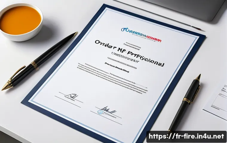 화재안전관리 기술자 경력증명서 작성 요령 - A professional office scene showing a formal work certificate on a clean desk, featuring a sleek com...