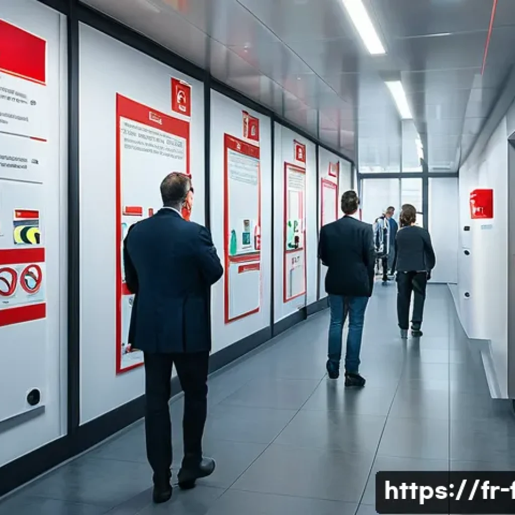 화재안전관리 실무와 관련된 주요 법령 요약 - A modern public building interior designed for fire safety compliance in France: clearly visible and...