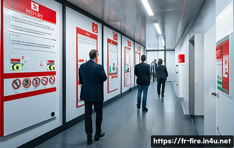 화재안전관리 실무와 관련된 주요 법령 요약 - A modern public building interior designed for fire safety compliance in France: clearly visible and...