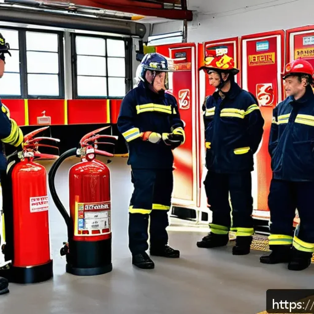 화재안전관리기술자의 자격증 시험 준비 전략 - A detailed scene of a professional fire safety training workshop in a modern French fire station, sh...