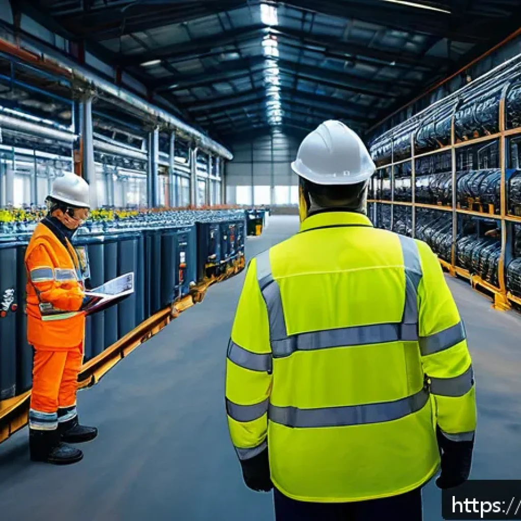 화재안전관리 실무에서 발생한 성공 사례 - A detailed industrial factory interior focusing on fire risk zones: workers in safety gear carefully...