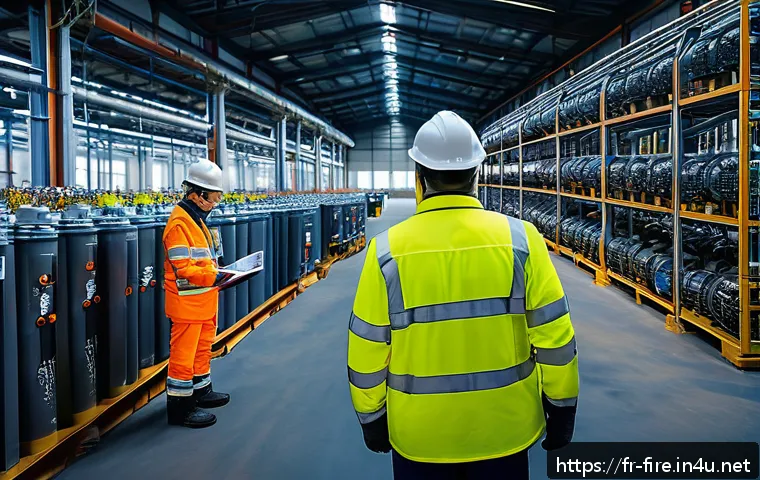 화재안전관리 실무에서 발생한 성공 사례 - A detailed industrial factory interior focusing on fire risk zones: workers in safety gear carefully...