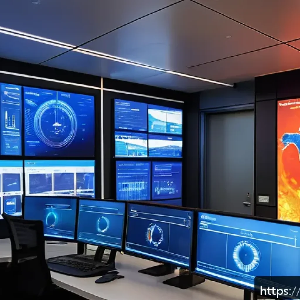 화재안전관리 실무에서 중요한 기술적 발전 - A futuristic smart building control room with large digital screens displaying real-time fire risk a...