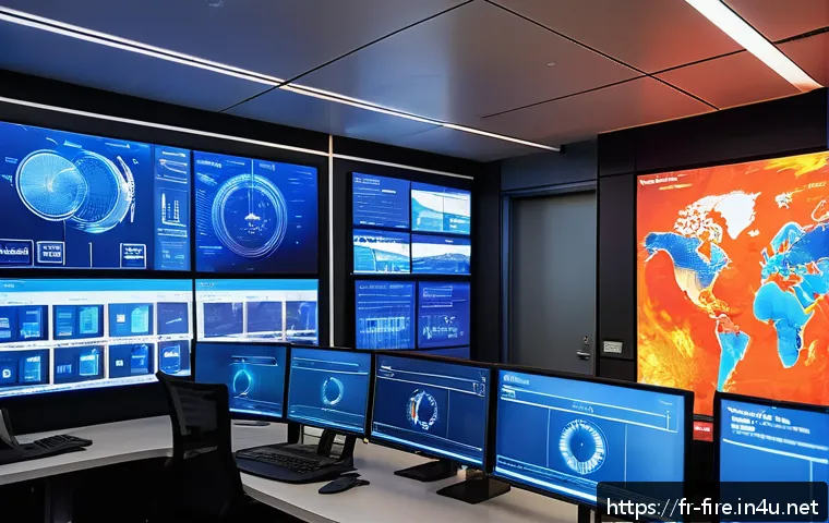 화재안전관리 실무에서 중요한 기술적 발전 - A futuristic smart building control room with large digital screens displaying real-time fire risk a...
