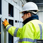 Home 22 화재안전관리기술자의 경력 개발 로드맵 - A professional fire safety technician in a modern industrial building, wearing a high-visibility saf...