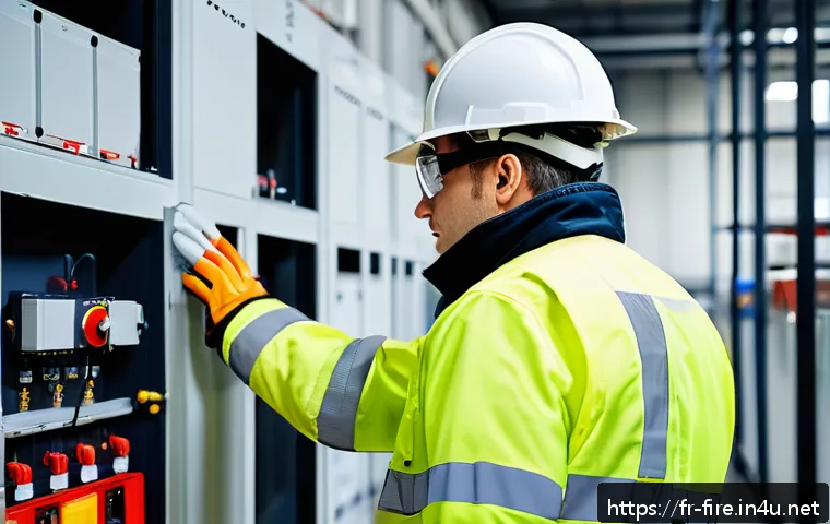 화재안전관리기술자의 경력 개발 로드맵 - A professional fire safety technician in a modern industrial building, wearing a high-visibility saf...