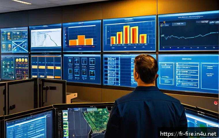 화재안전관리기술자의 주요 직무 분석 및 개선 - A modern industrial control room with diverse safety professionals actively monitoring a large digit...