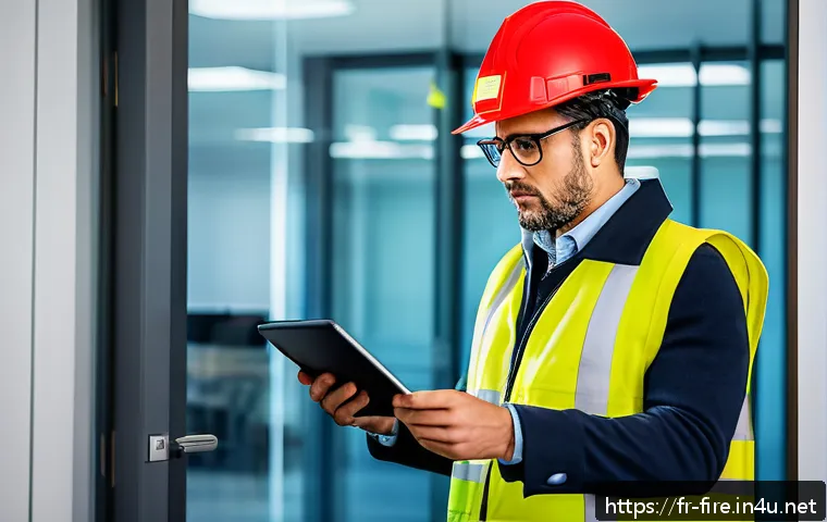 화재안전관리 기술자의 연봉 및 커리어 분석 - A professional fire safety manager conducting a detailed on-site risk assessment inside a modern Fre...