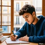 Home 23 화재안전관리 기술자 시험 공부시간 분배법 - A focused study environment showing a young adult French student sitting at a tidy wooden desk by a ...