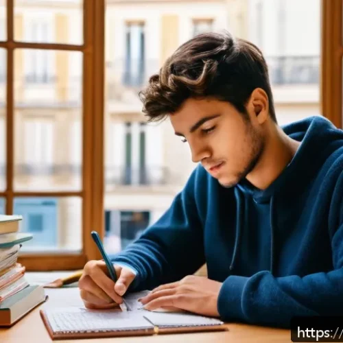 Home 17 화재안전관리 기술자 시험 공부시간 분배법 - A focused study environment showing a young adult French student sitting at a tidy wooden desk by a ...