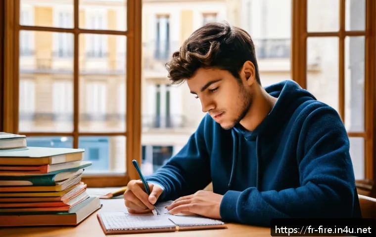 화재안전관리 기술자 시험 공부시간 분배법 - A focused study environment showing a young adult French student sitting at a tidy wooden desk by a ...