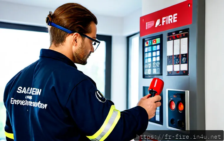 화재안전관리 기술자 시험 최신 트렌드 - Photorealistic French fire safety technician in a modern training center, wearing neat protective wo...